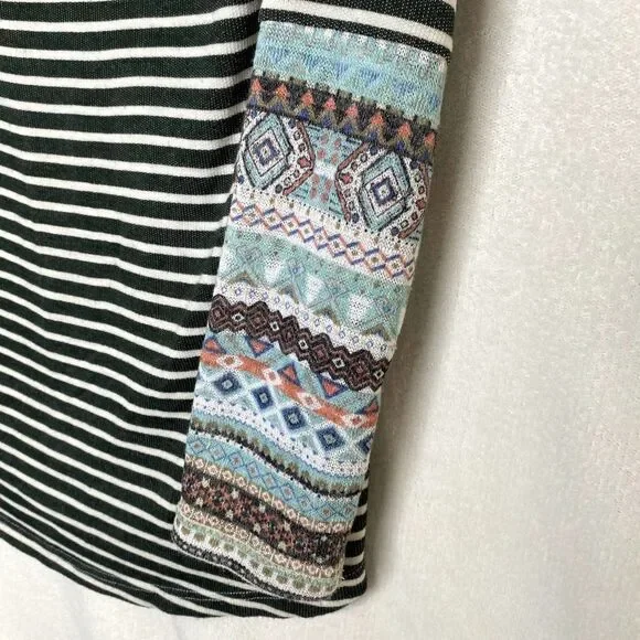 Oddy Striped Long Raglan Sleeve Sweater Top Pullover Geometric Green White - Picture 5 of 11